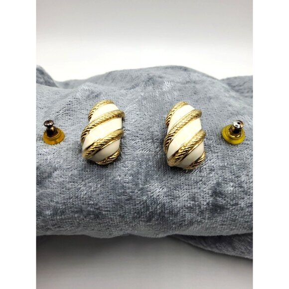 Vintage 80s-90s Signed Robert Manse Gold-tone White Enamel Twisted Rope Earrings - Picture 5 of 14
